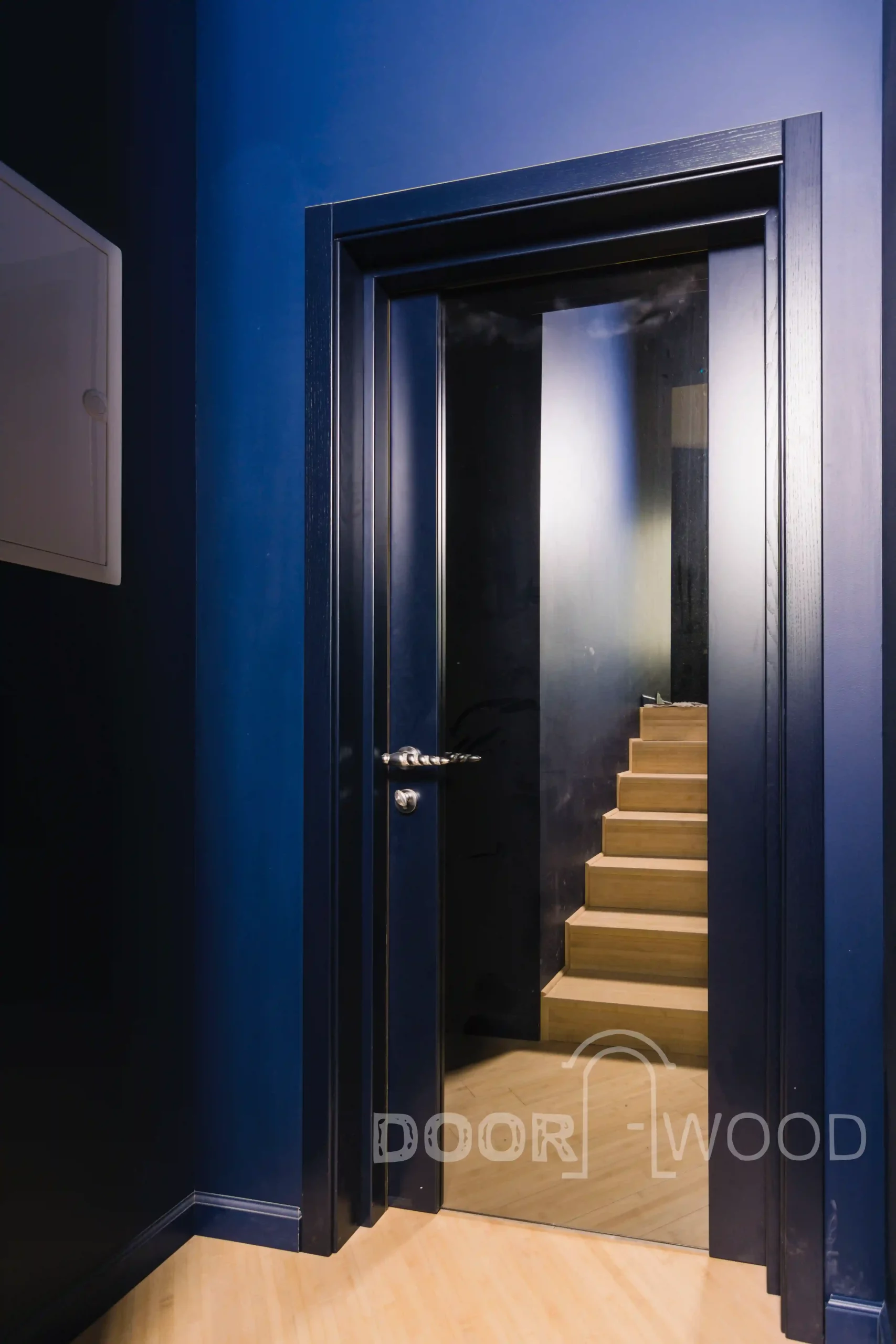 Radius interior doors and railing made of maple ash doors RAL blue painting