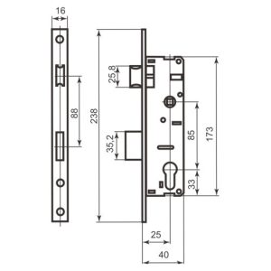 Корпус вузькопрофільного замка BRUNO 153 16-25 мц85 хром