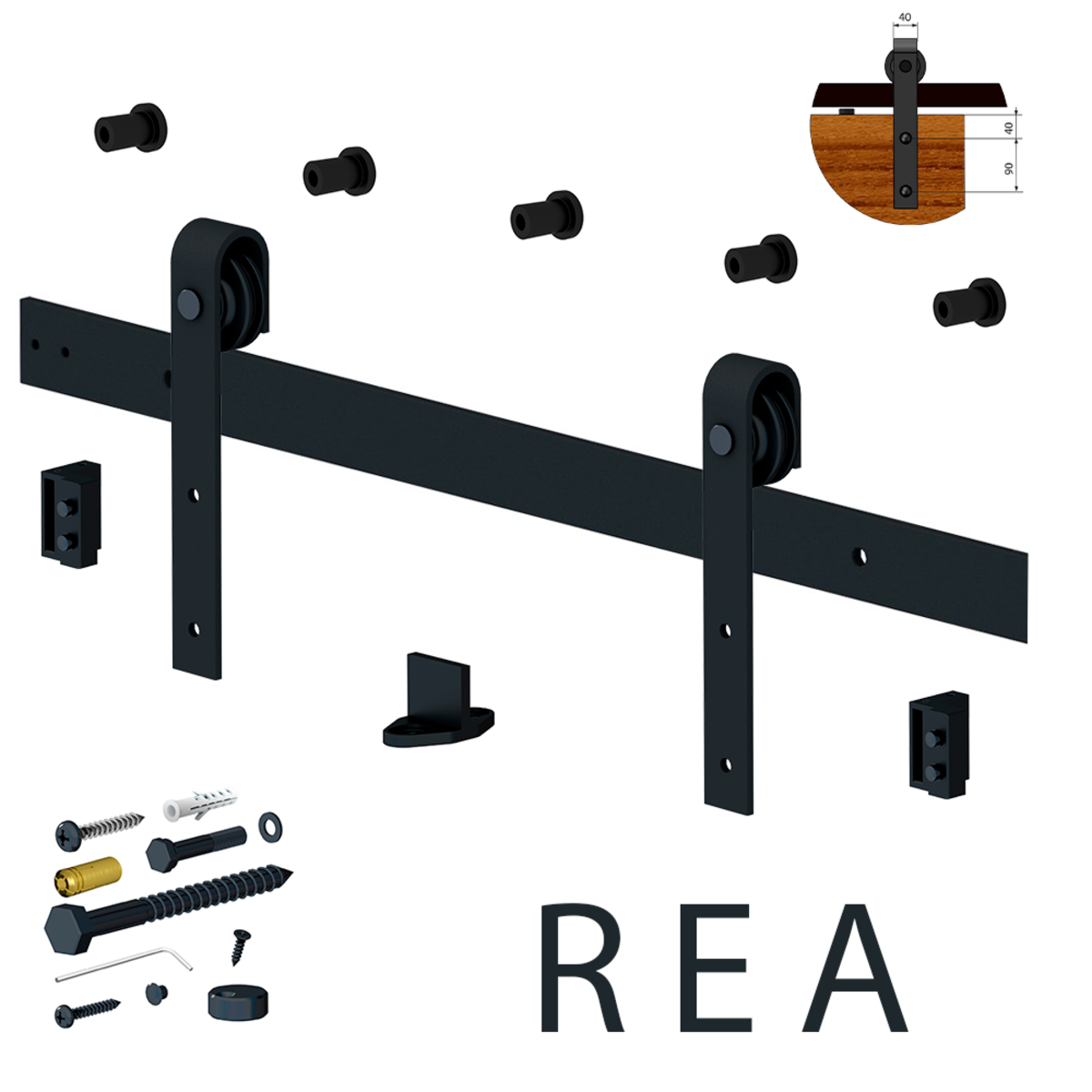 *Valcomp RE20 (2х1м) Комплект фурнітури REA 100кг до 1 двері 850-1050 мм, направляюча 2х1м, чорний 1 *Valcomp RE20 (2х1м) Комплект фурнітури REA 100кг до 1 двері 850-1050 мм