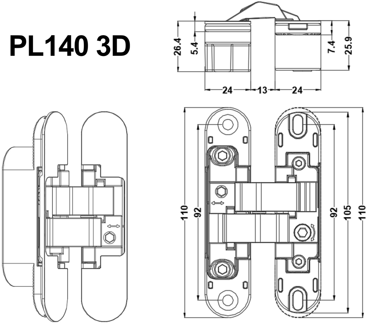 Прихована завіса PL140 3D - 24х110 мм (40 кг двері), матова чорна BL 3 Прихована завіса PL140 3D - 24х110 мм (40 кг двері), матова чорна BL - Зображення 3