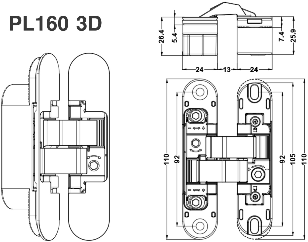 Прихована завіса PL160 3D - 24х110 мм (60 кг двері), матовий хром SC 3 Прихована завіса PL160 3D - 24х110 мм (60 кг двері), матовий хром SC - Зображення 3
