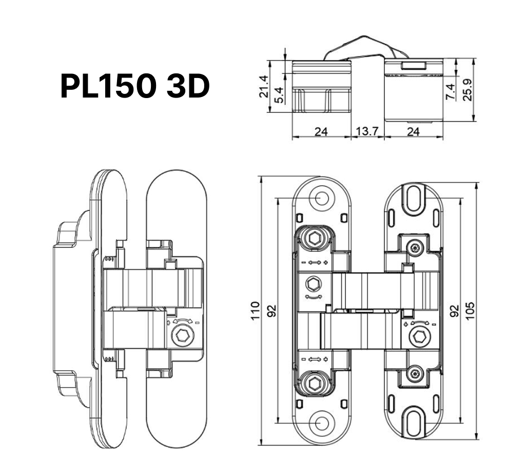 Прихована завіса PL150 3D - 24х110 мм (40 кг двері), матова чорна BL 5 Прихована завіса PL150 3D - 24х110 мм (40 кг двері), матова чорна BL - Зображення 5